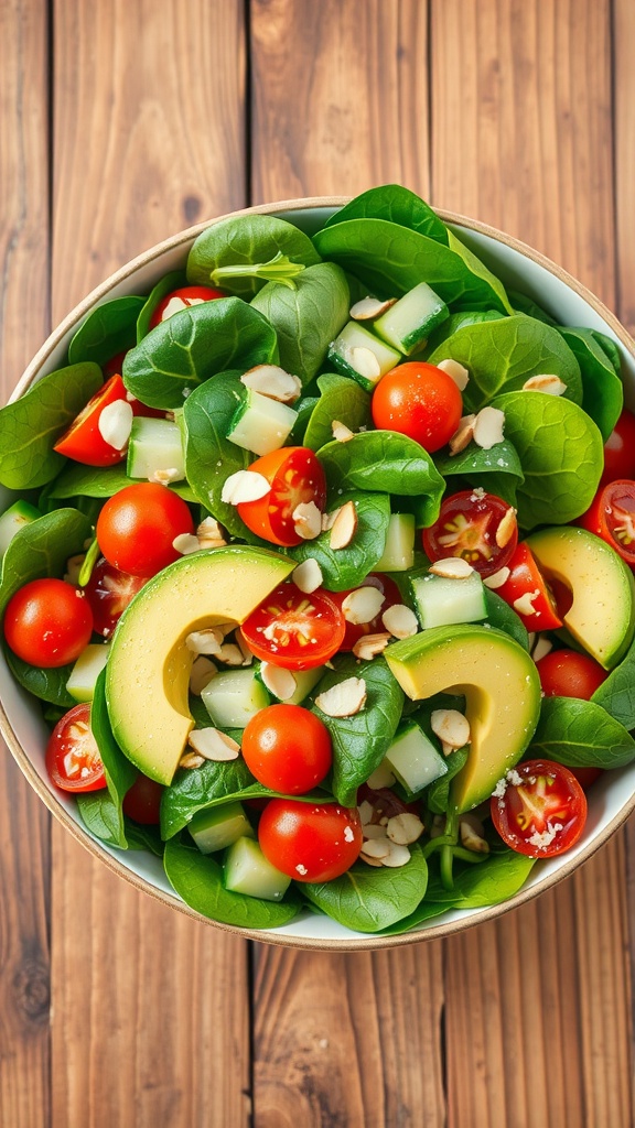 A colorful spinach salad with tomatoes, cucumbers, avocado, and almonds on a wooden table.